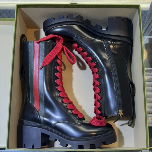 New GUCCI Black Leather Sylvie Web Stripe Lace Up Combat Boots Size 36.5 - Picture 8 of 13